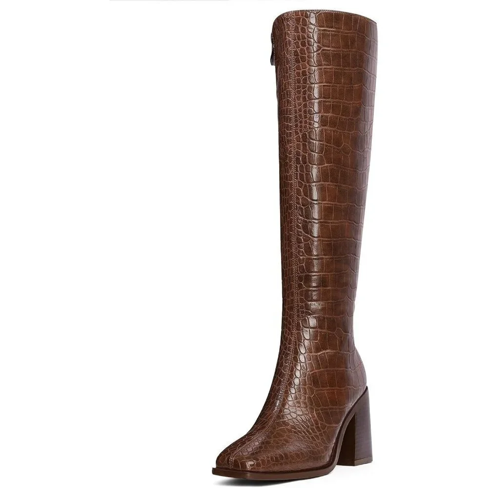 Women Crocodile Brown Polyurethane Knee High Square Toe Block Heel Tall Boots